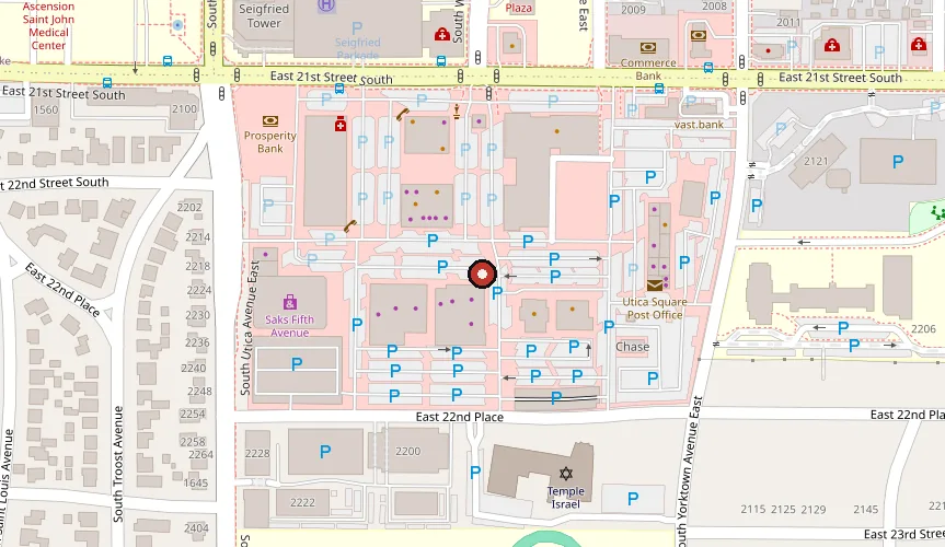 Street map of the Utica Square shopping centre in Tulsa, between East 21st Street South and East 22nd Place, with the shop marked.